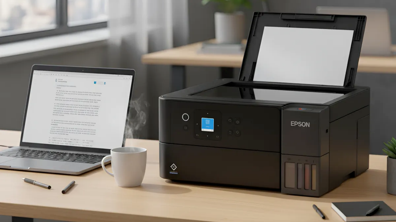Impressora multifuncional Epson EcoTank L4360 sobre mesa de escritório