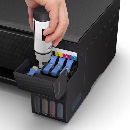 Epson EcoTank L1250 vista frontal com tanques de tinta visíveis e design compacto